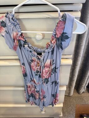 Kendall & Kylie Lavender Floral Off-Shoulder Romper with Pink Blooms